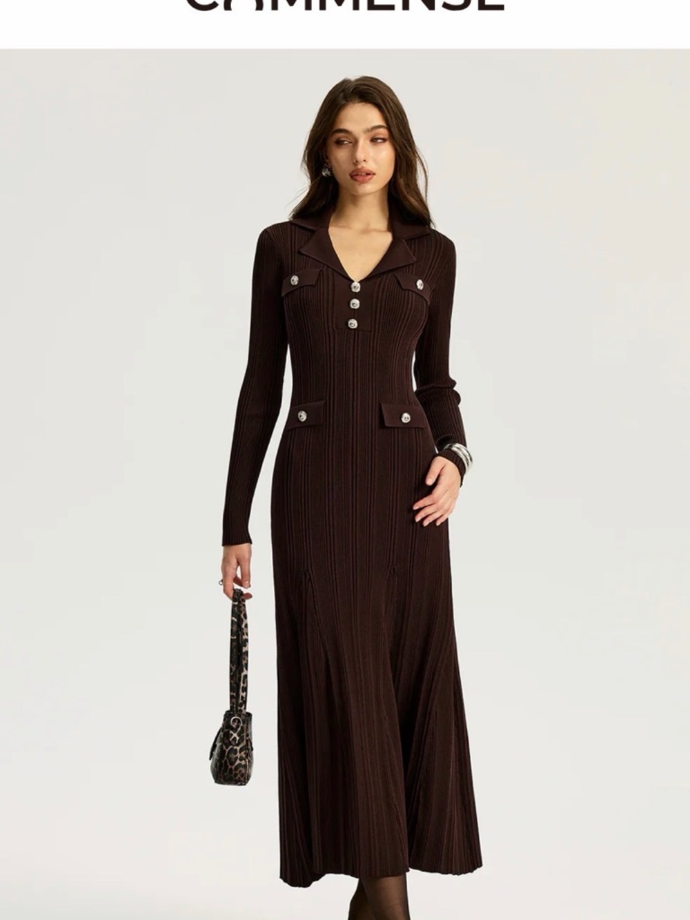 Commense Dark Brown Ribbed Long-Sleeve Maxi Dress